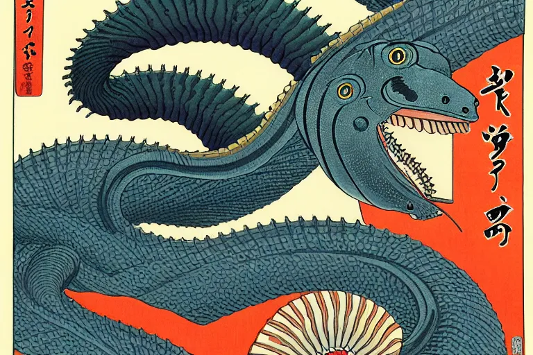 Image similar to ukiyoe painting of cambrian era anomolocarus, trending on artstation