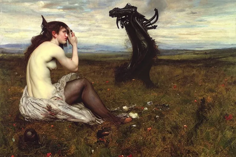 Prompt: sad portrait of a xenomorph queen in a meadow by sir john everett millais, photorealistic, hyperdetailed, ethereal, masterpiece, oil painting