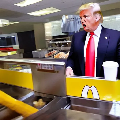 Prompt: donald trump wearing a mcdonalds uniform while working at mcdonalds