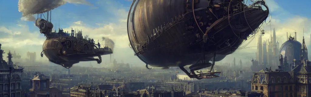 Image similar to a steampunk airship flying over a victorian city. 8 k, epic cinematic hyperrealism masterpiece. realistic poster with shaded lighting by craig mallismo, artgerm, jeremy lipkin and michael garmash, unreal engine, radiant light, detailed and complex environment, digital art, art station trends, detailed, lens flare, motion blur