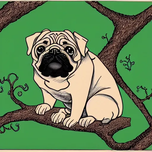 Prompt: a lovecraftian pug sitting in a tree on a branch | the branch has 1 2 green leaves | illustration, very detailed, pen, ink and watercolors, drawn by brian bolland