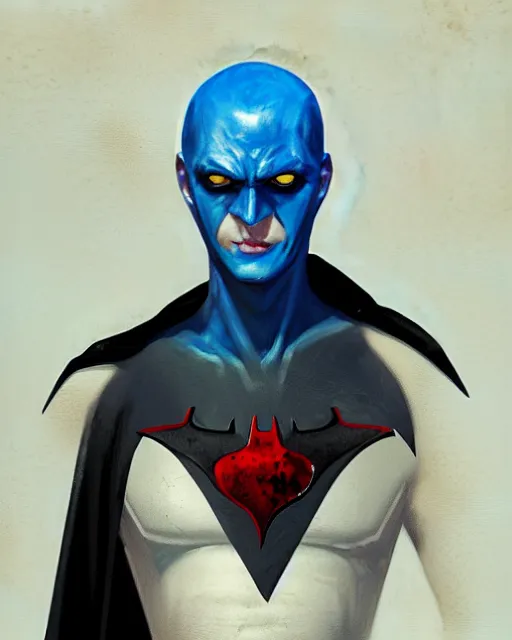 Image similar to character portrait of a slender young batman with blood stains in his face, piercing bright blue eyes, and pale skin, by greg rutkowski, mark brookes, jim burns, tom bagshaw, trending on artstation