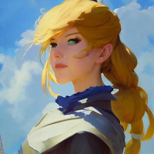 Image similar to greg manchess portrait painting of violet evergarden as overwatch character, totally whack, medium shot, asymmetrical, profile picture, organic painting, sunny day, matte painting, bold shapes, hard edges, street art, trending on artstation, by huang guangjian and gil elvgren and sachin teng