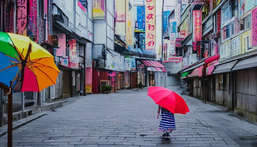 Image similar to a girl with an umbrella walking through a side street in Japn in the style of a 90s sailormoon cartoon, high detail, 8k, high resolution,