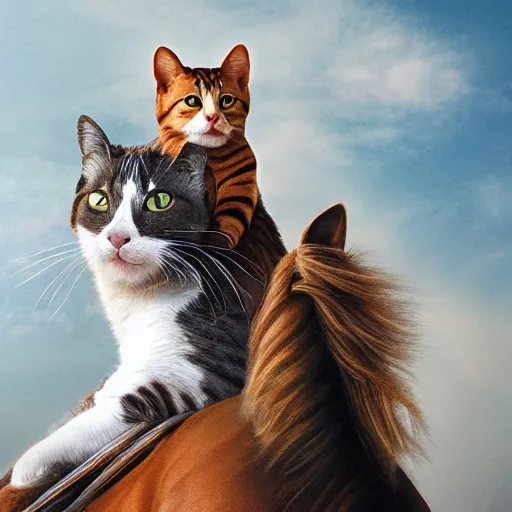 Image similar to a cat riding on a horses back, photorealistic art, high definition