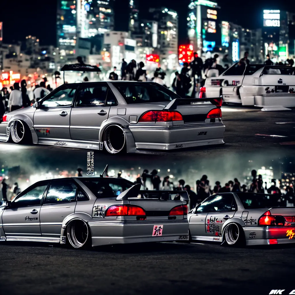 Image similar to a car JZX100 twin turbo drift at illegal car meet, Shibuya prefecture, city midnight mist lights, cinematic lighting, photorealistic, detailed alloy wheels, highly detailed