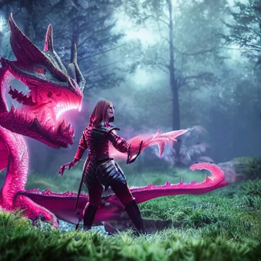 Image similar to a girl dressed in a pink knight armor fights a huge red dragon in the deep forest, cinematic lighting, highly detailed, dark atmosphere, unreal engine,