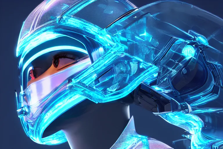 Image similar to futuristic translucent fluid aquamarine cyber helmet visor, intricate, glowing, eyecandy, colorful, 3 d, octane render, photorealistic, modern, warp,