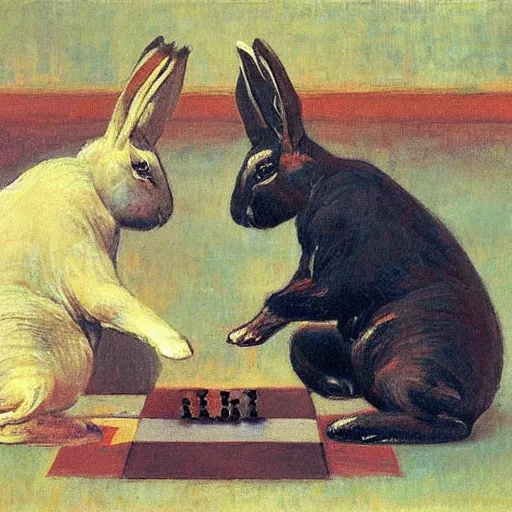 Image similar to two rabbits playing chess in the style of ilya repin