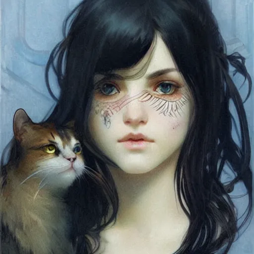 Prompt: emo girl and her cat, with long dark hair, thick eyebrows!!! deep dark big eyes and dark circles!, wide nose!!!, oval face shape, big cheeks!, by greg rutkowski and alphonse mucha, trending on pixiv