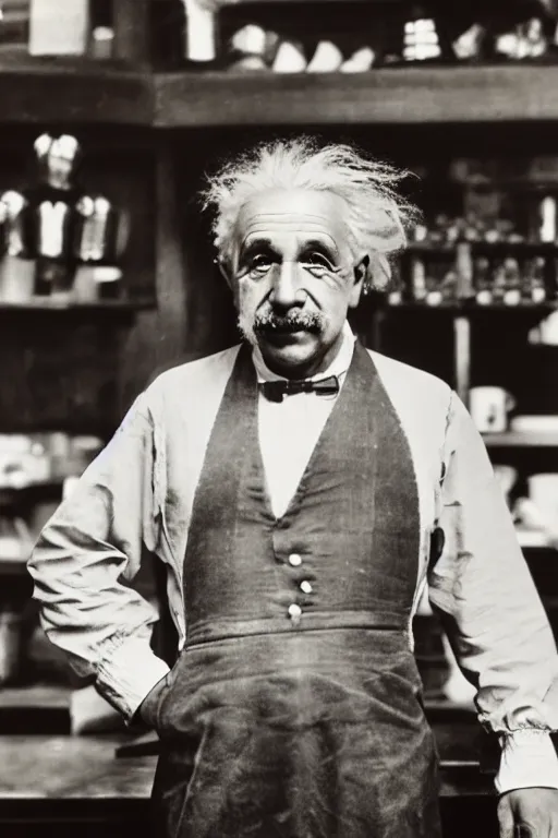 Prompt: intricate color photo of albert einstein, working in starbucks serving a customer, 8 k octane beautifully detailed render