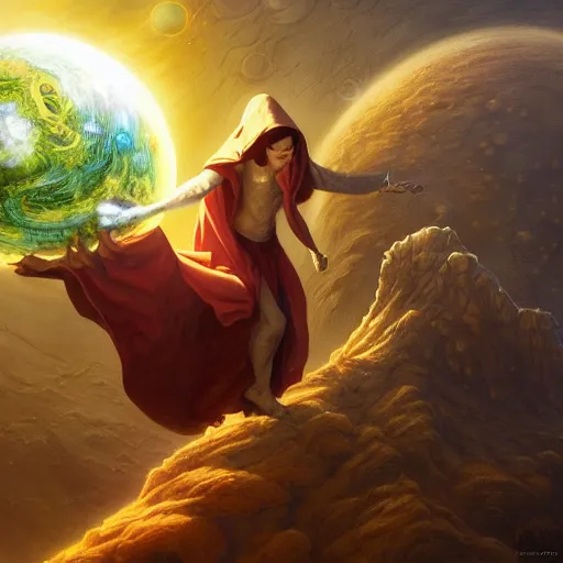 Image similar to the creator of worlds wearing a cloak and holding a holographic planet projection in his hand, detailed, sci - fi, digital painting, artstation, sharp focus, illustration, ominous, artgerm, tomasz alen kopera, peter mohrbacher, donato giancola, joseph christian leyendecker, wlop, frank frazetta