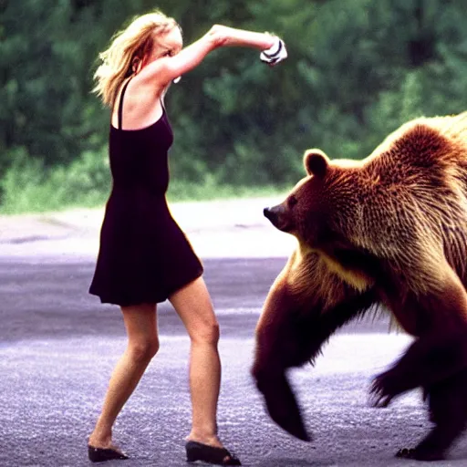 Prompt: uma thurman fighting a bear, realistic, award winning photo