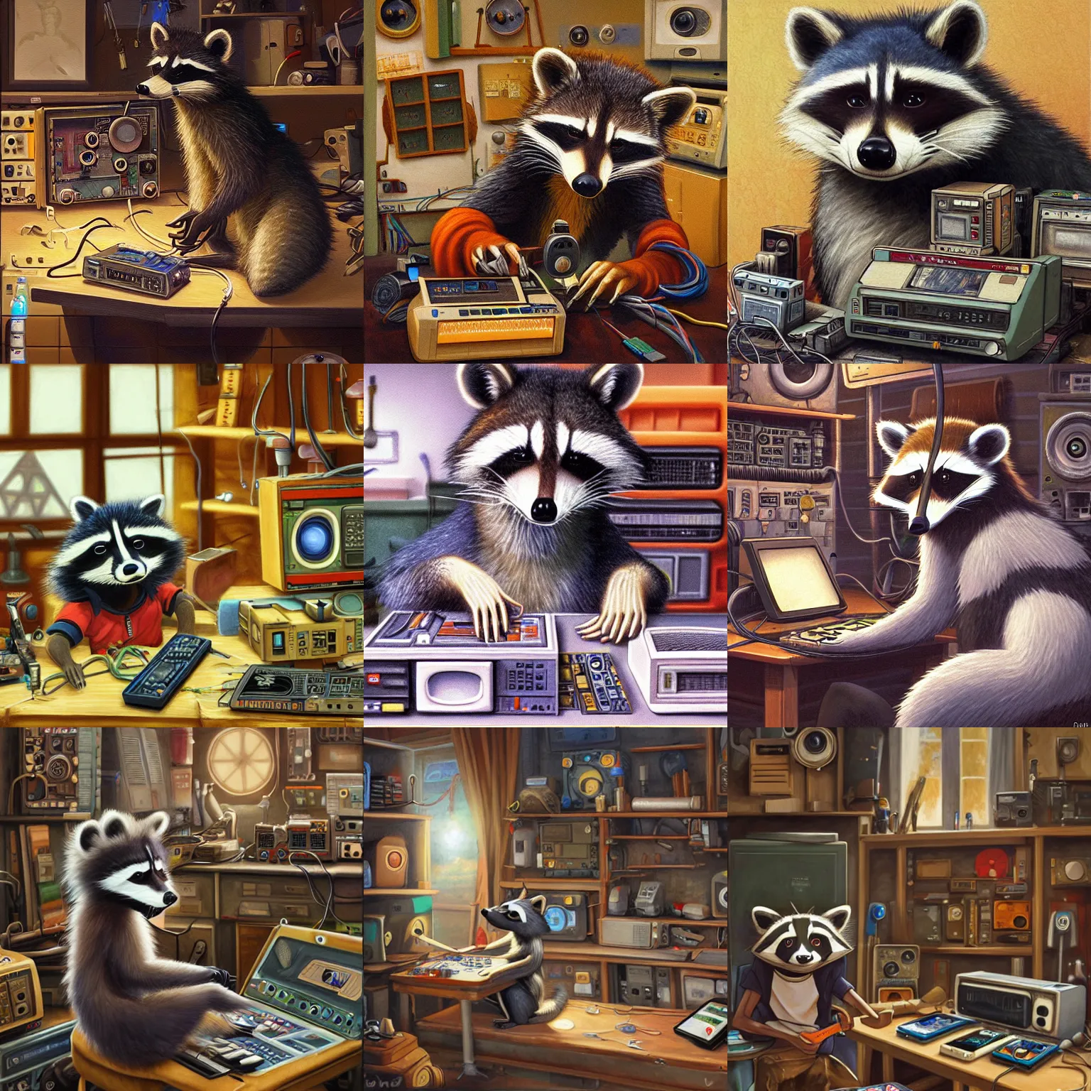 Prompt: FurAffinity art oil painting of an anthro raccoon in his workshop tinkering with retro electronics, Studio Ghibli, extremely detailed, realistic shading, trending on FurAffinity