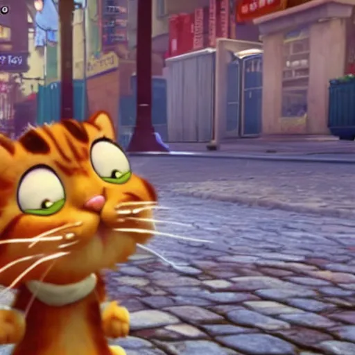 Prompt: Garfield the cat in the ps4 videogame Stray