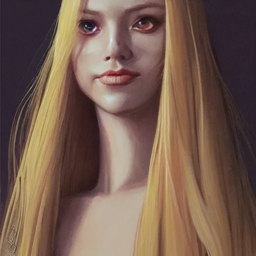 Prompt: facial portrait of a young pretty woman in flowing dress, arrogant, mysterious, long fine blonde hair, delicate, looking at camera!!!, slightly awkward smile!, realistic face, no hands visible, intricate, stylish, elegant, grimdark fantasy, vibrant, extremely detailed painting by Greg Rutkowski and Steve Henderson and Harumi Hironaka