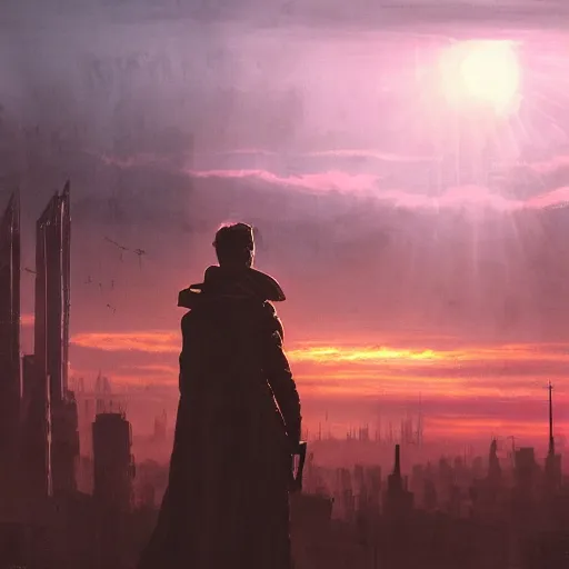 Image similar to wanderer with night vision goggles, dramatic light, sunset, sunrays, cyberpunk city in the background, ruins, buildings, dystoptian, gorgeous view, depth, painted by Caspar David Friedrich, clouds, tending on artstation