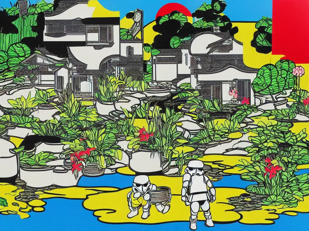 Image similar to detailed composition of the japanese home with a garden and a pond, 2 stormtroopers sitting around it, pop - art style, jacky tsai style, andy warhol style, roy lichtenstein style, rich palette, acrylic on canvas