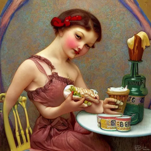 Image similar to hot dogs and yogurt is a messy eating contest, wlop, elvgren, mucha, mark ryden