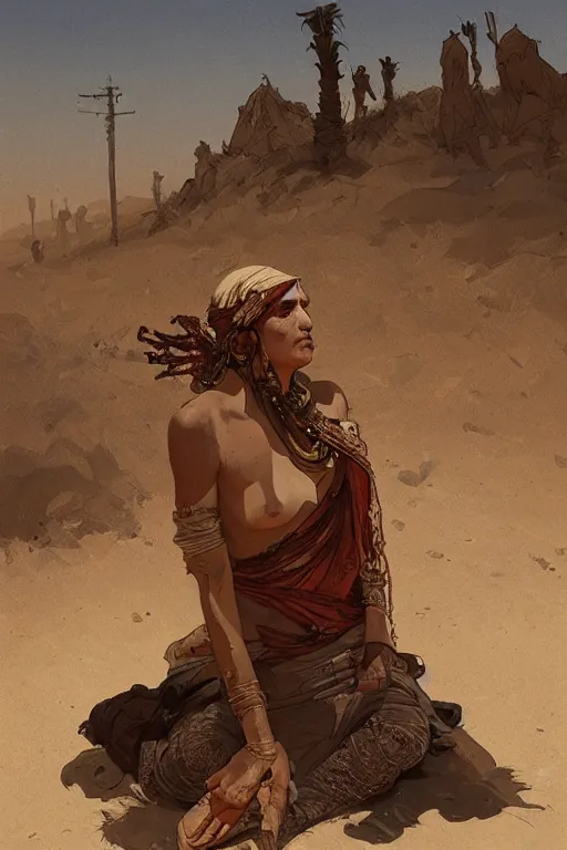 Image similar to a full body portrait of a beautiful post apocalyptic offworld desert bedouin blind barbarian leper laying by the roadside, begging, intricate, elegant, highly detailed, digital painting, artstation, concept art, smooth, sharp focus, illustration, art by krenz cushart and artem demura and alphonse mucha