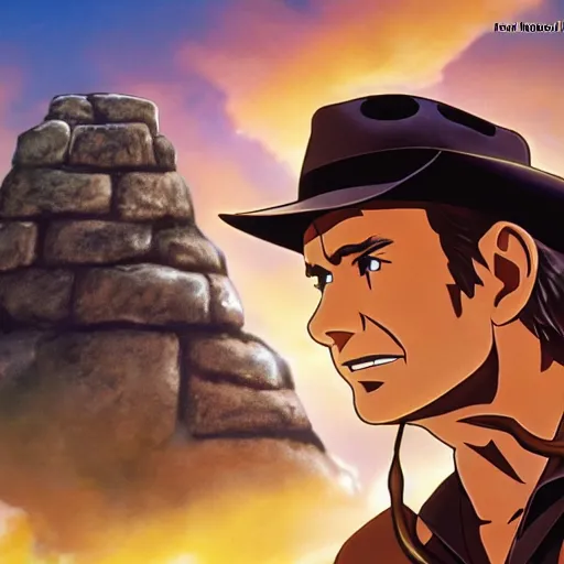 Image similar to Indiana Jones being chased by a boulder trap, boulder chase, underground sandstone temple background, giant round stone chasing Indiana Jones, raiders of the lost ark, anime key visual