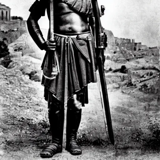 Prompt: photograph of a roman soldier in front of his army, ancient rome, photograph