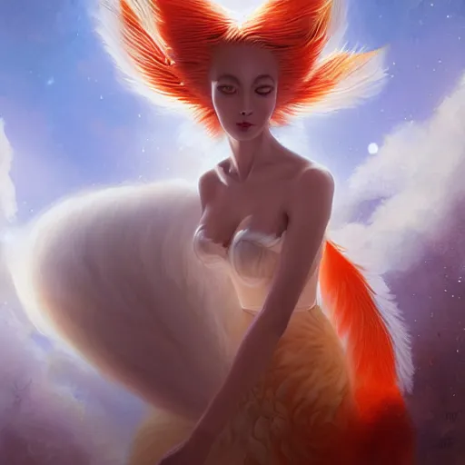 Prompt: prompt A beautiful portrait of a white red orange kumiho, translucent silky dress, a bra made of peacock feathers, close up front view, long clumpy hair in the shape of fox tail, backlit, concept art, matte painting, by Peter Mohrbacher