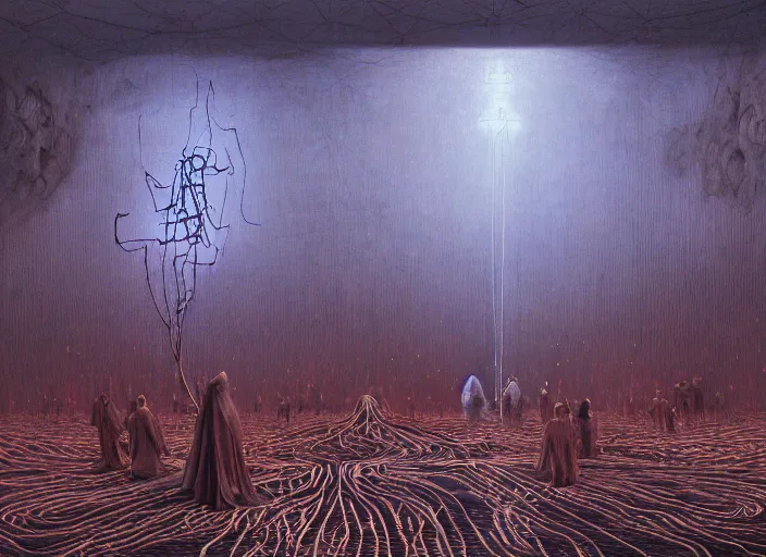 Prompt: satanic ritual, summoning the devil, marching band, they are watching, RGB, glowing wires everywhere, pristine, by Edgar Maxence and Ross Tran, Zdzisław Beksiński, and Michael Whelan, distant, gustav dore, H.R. Giger, 8k, octane render