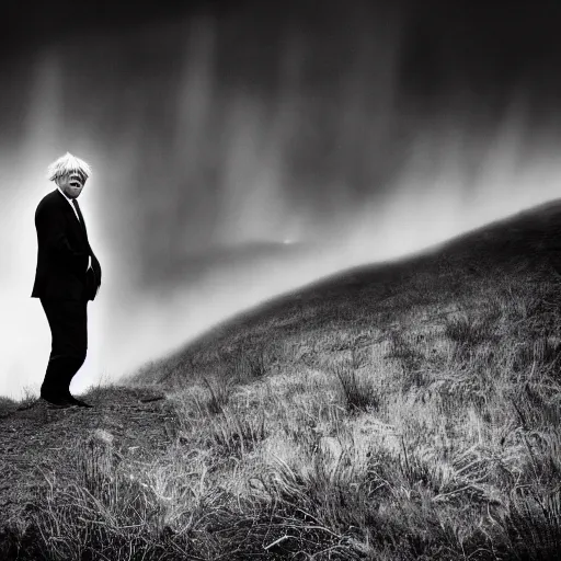 Image similar to Boris Johnson with a wide grin standing on a hill with a dead bodies in the background, black and white, creepy lighting, foggy atmosphere, scary, horror, ornate, eerie, fear