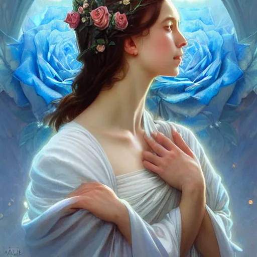 Image similar to perfectly detailed goddess princess of blue roses!! blessed by nature with ever - increasing physical mental perfection, intricate, highly detailed, biblical divine holy perfection!! digital painting, artstation, concept art, smooth, sharp focus, illustration, art by artgerm and greg rutkowski and alphonse mucha