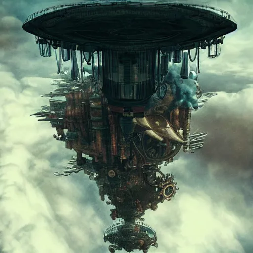 Image similar to flying city in the clouds, steampunk, romanticism artwork