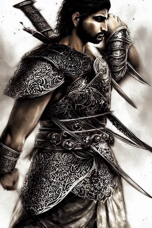 Image similar to portrait of a Persian Prince fighting at war, warrior, brutal battle, handsome prince of persia, attractive young man, heroic pose, persian style architecture, dramatic lighting, dark and horror, action and tragedy, dust and blood, intricate, wild, highly detailed, digital painting, artstation, concept art, smooth, sharp focus, illustration, art by artgerm and greg rutkowski and alphonse mucha, footage from space camera