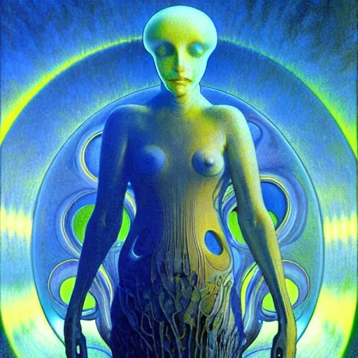 Image similar to realistic extremely detailed portrait painting of a glowing silhouette, futuristic sci-fi landscape on background by Jean Delville, Amano, Yves Tanguy, Alphonse Mucha, Ernst Haeckel, Edward Robert Hughes, Roger Dean, rich moody colours, blue eyes