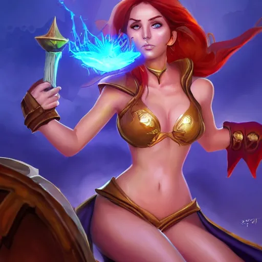 Prompt: The sorceress casting a fire ball, league of legends, tiny abdomen & inflated hips body, highly detailed HD body and face, digital painting, artstation, concept art, smooth, sharp focus, illustration, ArtStation, art by 1000000% Hearthstone