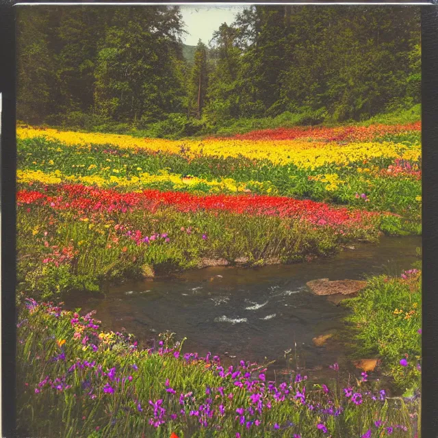 Prompt: very beautiful polaroid photo of a flower meadow by a stream on a sunny day with double rainbow