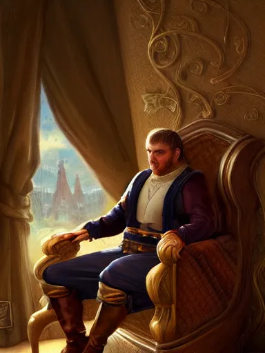 Image similar to a pleasured happy noble man siting in his armchair. intricate, elegant, highly detailed, digital painting, artstation, concept art, sharp focus, illustration, by justin gerard and artgerm, 8 k