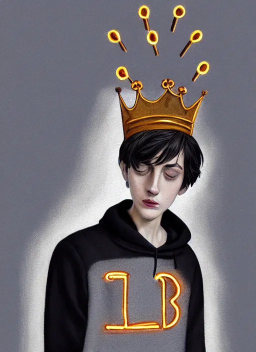 Image similar to portrait of teenage jughead jones wearing a light grey crown, photorealistic, crown, eyes closed, crown, black hair, sweater with letter s on it, letter s, intricate, elegant, glowing lights, highly detailed, digital painting, artstation, concept art, smooth, sharp focus, illustration, art by wlop, mars ravelo and greg rutkowski