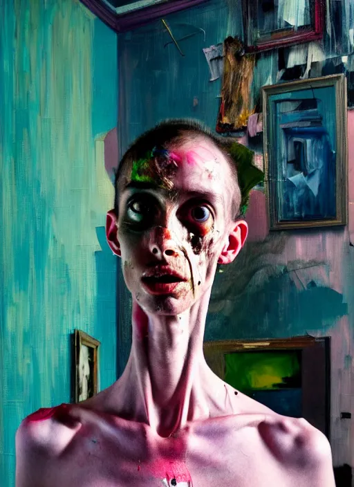 Prompt: an insane, skinny, artist wearing dirty, torn overalls, expressive painting the walls inside a grand messy studio, depth of field, hauntingly surreal, highly detailed oil painting, by francis bacon, edward hopper, adrian ghenie, glenn brown, soft light 4 k in pink, green and blue colour palette, cinematic composition, masterpiece