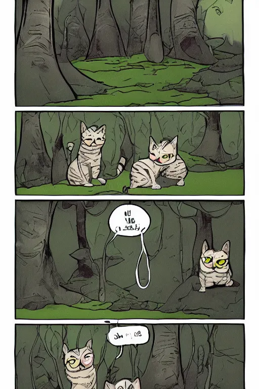 Prompt: a graphic novel comic about cats in the forest, by mike holmes, manga, webcomic