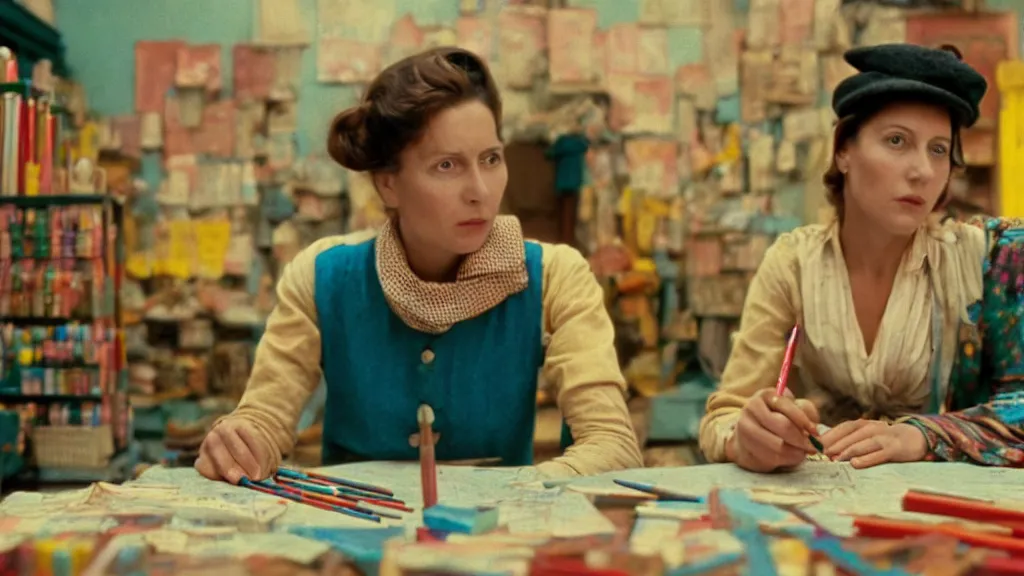 Image similar to a women selling pencils, film still from the movie directed by wes anderson with art direction by dali wide lens