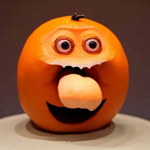 Image similar to a taxidermized annoying orange, in a museum, 8 5 mm lens, 7 0 mm entrance pupil diameter