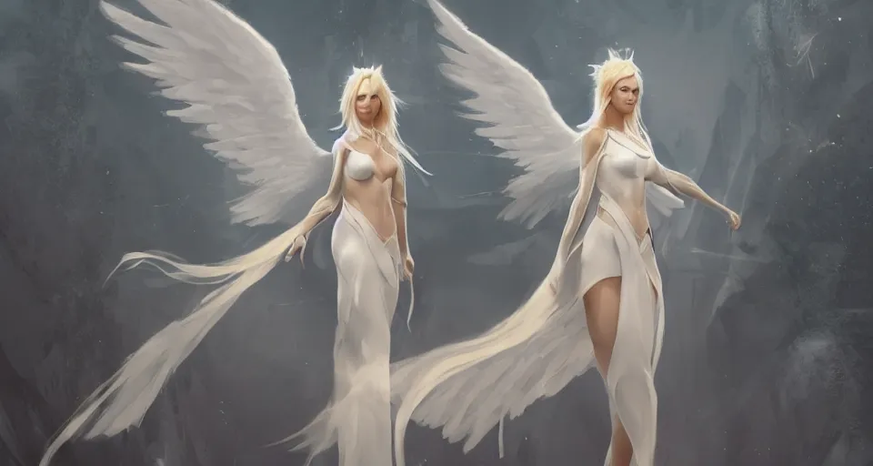 Image similar to blonde fantasy goddess, white elegant clothing, glowing aura, angel wings, artstation, 4 k, greg rutkowski, concept art, matte painting