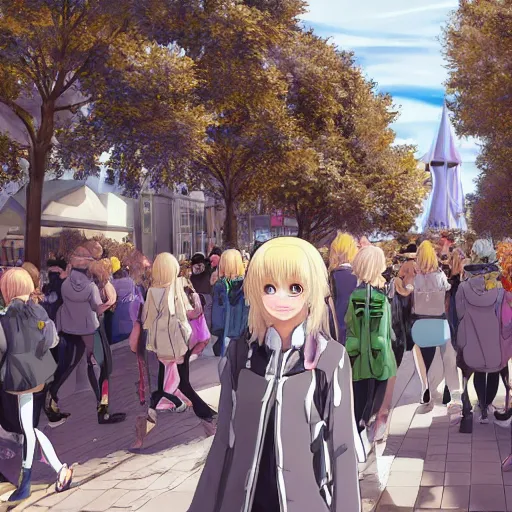 Image similar to blonde - haired princess, anime princess, wearing black jacket and white leggings, looking through crowd, town street, festival street, trees, green trees, blue lighting, blue sunshine, strong lighting, strong shadows, vivid hues, ultra - realistic, sharp details, subsurface scattering, intricate details, hd anime, 2 0 1 9 anime