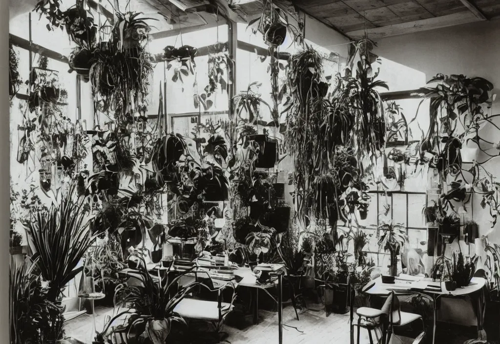 Image similar to 1970s interior magazine photo of a witchcore office with candles, wooden walls with framed occult art, and a potted cactus and some hanging plants, with natural dappled light coming in through a circular window, in an attic