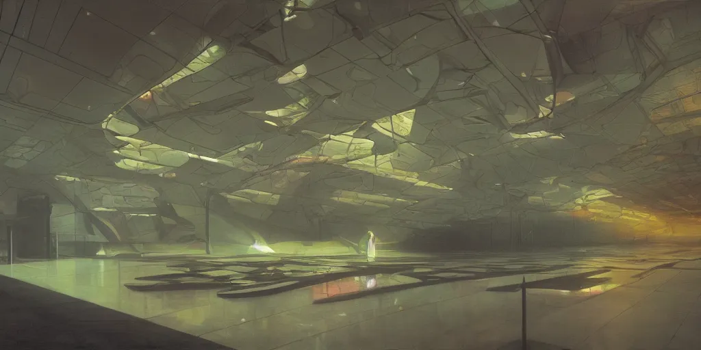 Image similar to a futuristic museum interior with holograms all over, beksinski and syd mead cinematic painting, 4 k