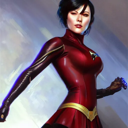 Image similar to Ada Wong as Super Girl, western, D&D, fantasy, intricate, elegant, highly detailed, digital painting, artstation, concept art, matte, sharp focus, illustration, art by Artgerm and Greg Rutkowski and Alphonse Mucha