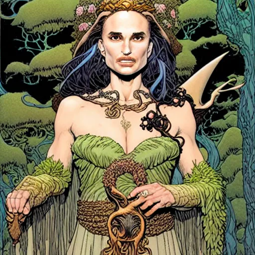 Image similar to a portrait of natalie portman as a druidic wizard by rebecca guay, michael kaluta, charles vess and jean moebius giraud