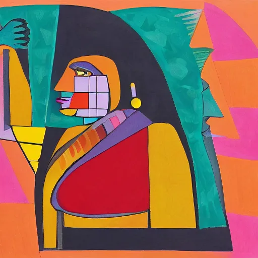 Image similar to fat mayan woman dancing, brilliant sunset, cubism, muted colors, texture