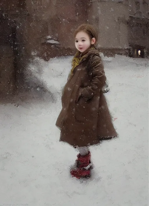 Prompt: a cute little girl with short brown curly hair standing in the snow. beautiful ethereal painting by ruan jia