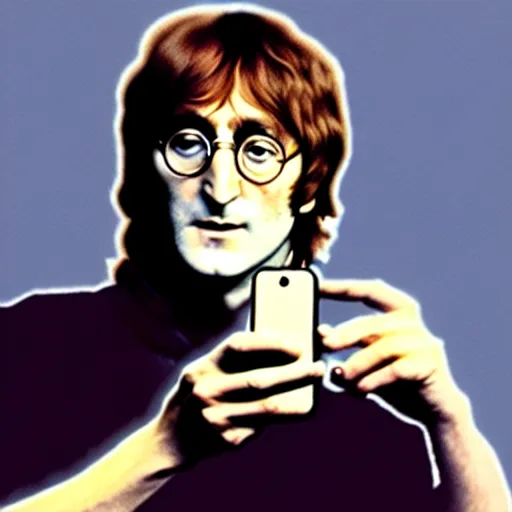 Prompt: a photo of john lennon holding a smartphone in his hand, high detailed